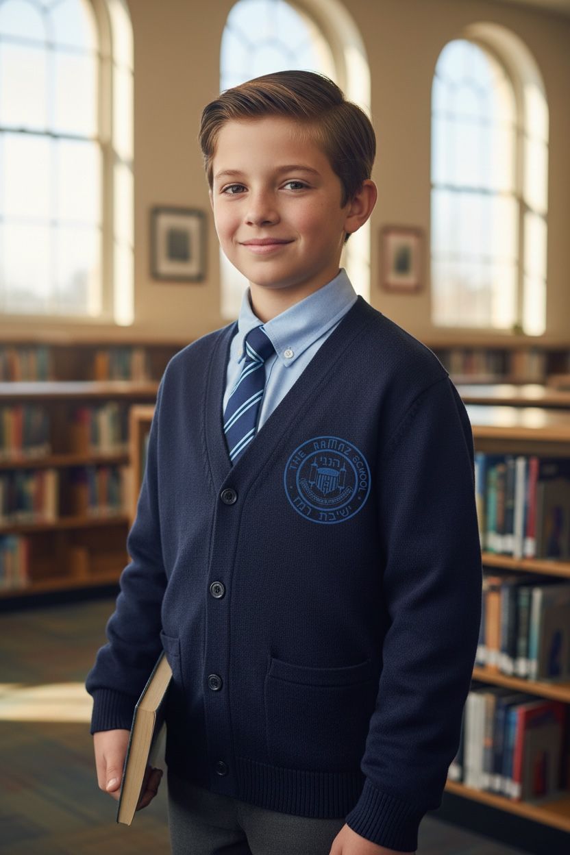 A young boy in the navy AZENCUT cardigan, in the library