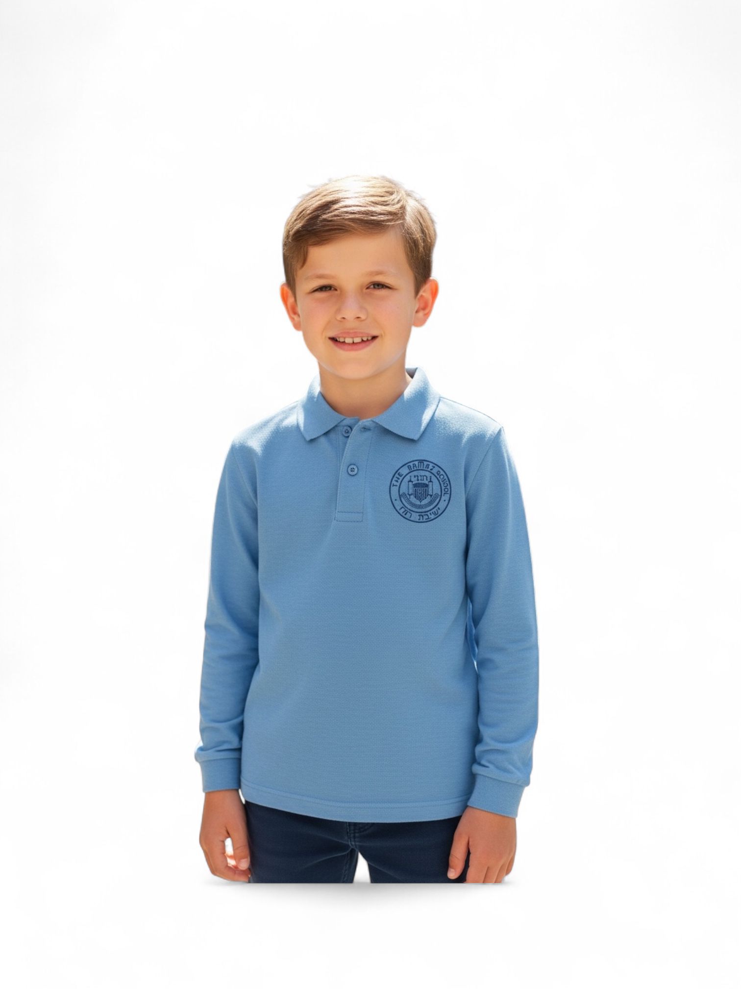 A young Ramaz student in the AZENCUT sky long-sleeve polo